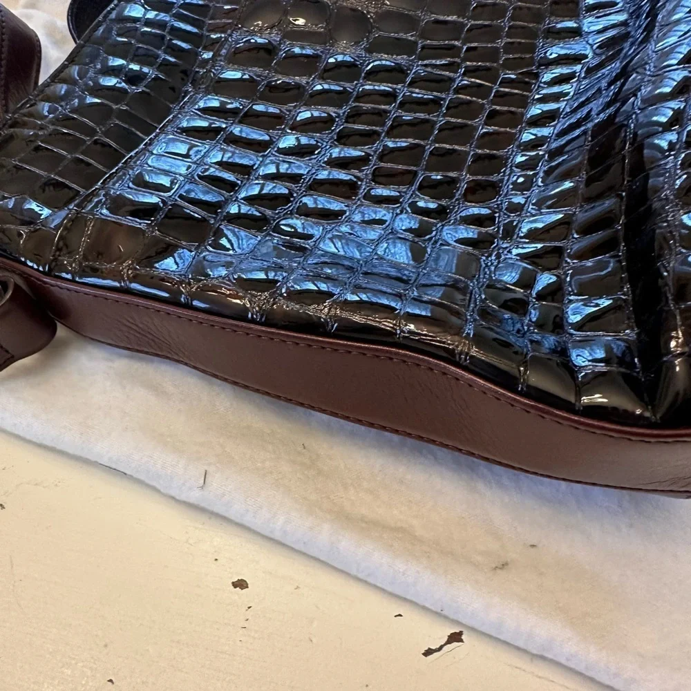 Brighton SONNY Dark Brown Croc-Embossed Patent Organizer Bag W/Dust Bag - NWOT